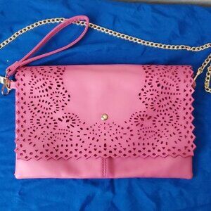 Yoki pink laser cut soft faux leather crossbody bag wristlet clutch